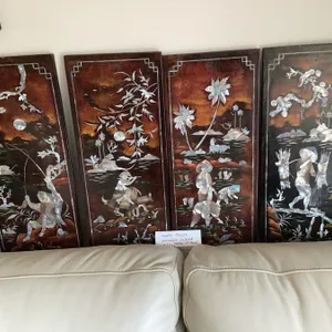 4 Oriental Plaques Porcelain Inlaid with Mother of Pearl