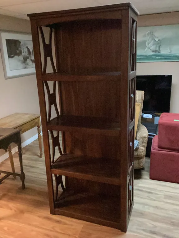 Wooden Bookcase With Geometric Side Panels, 5 Shelves