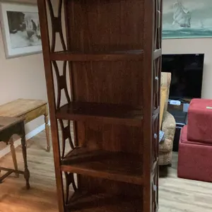 Wooden Bookcase With Geometric Side Panels, 5 Shelves