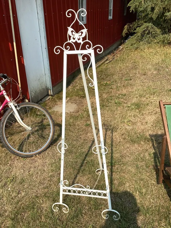 White Metal Decorative Easel with Butterfly Motif, 54 Inches Tall