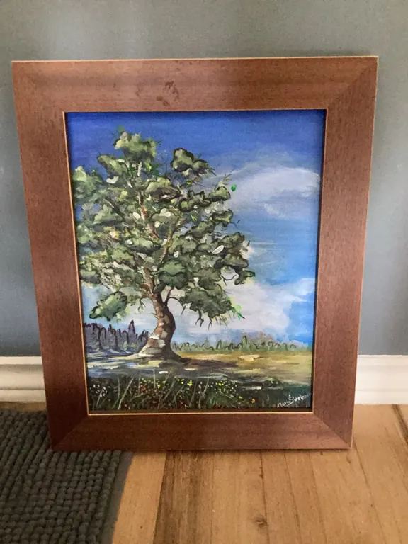 Framed Tree Landscape Painting Signed by Artist, 14x17 Inches
