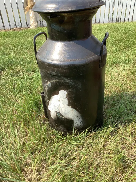 Black Metal Milk Can with Dove Artwork and Galvanized Water Container