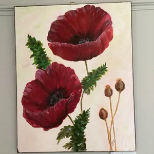 Acrylic painting on canvas titled "Poppies,". The artwork measures 20 inches original painting by Ma