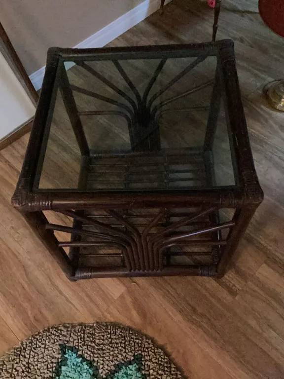 Rattan and Glass Square Side Table, 21" x 21" x 22"