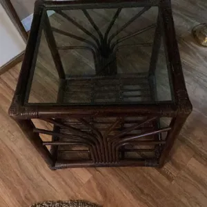 Rattan and Glass Square Side Table, 21" x 21" x 22"