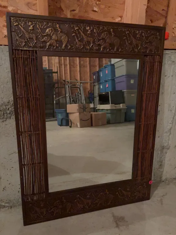 Carved Wood and Wicker Framed Mirror With Animal Relief, 32" x 24"