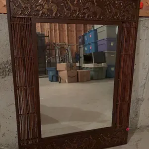 Carved Wood and Wicker Framed Mirror With Animal Relief, 32" x 24"