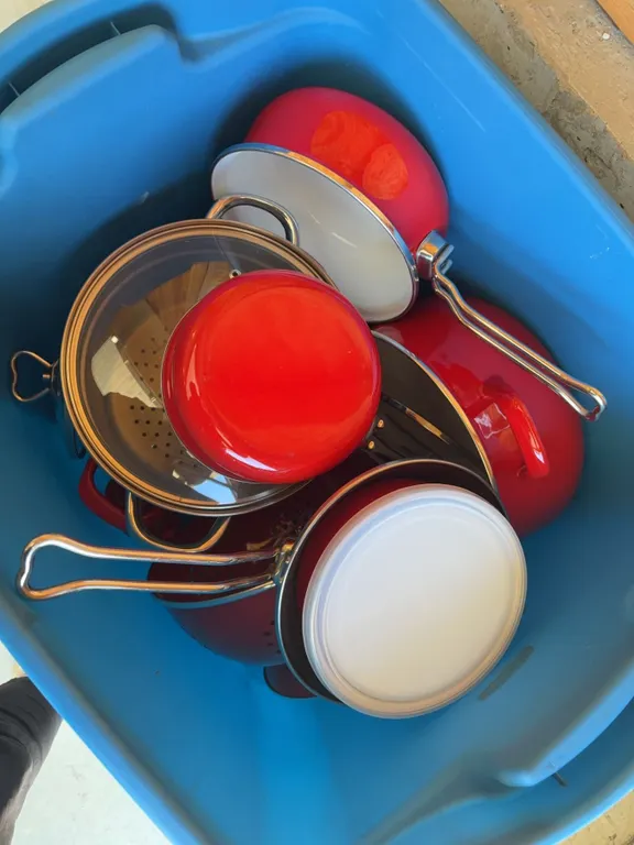 Red Enamel Cookware Mixed Lot Including Pots, Frypans, Lids, Colander