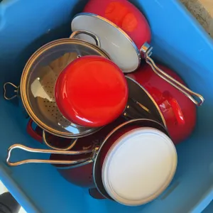 Red Enamel Cookware Mixed Lot Including Pots, Frypans, Lids, Colander