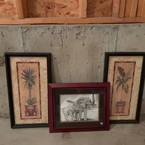 Framed Elephant Art Print and Two Framed Botanical Prints, 3 Pieces