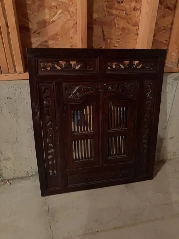Ornate Wooden Mirror with Shuttered Doors and Carved Frame 37 x 33 in