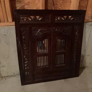 Ornate Wooden Mirror with Shuttered Doors and Carved Frame 37 x 33 in