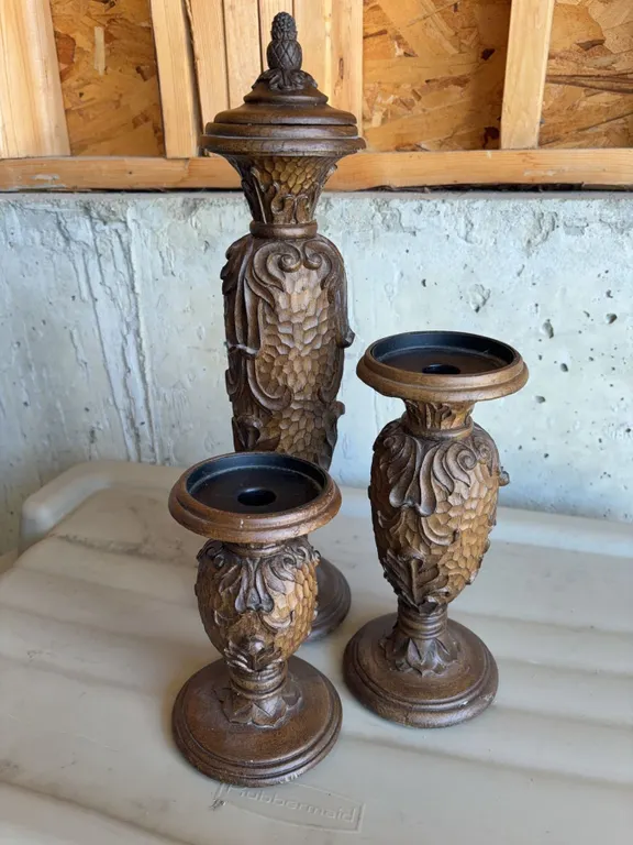 Three Ornate Wood Finish Candle Holders with Decorative Pineapple Motif