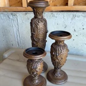 Three Ornate Wood Finish Candle Holders with Decorative Pineapple Motif