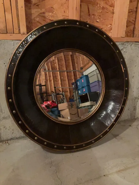 Large Round Wall Mirror with Faux Leather Studded Frame, 33 Inches