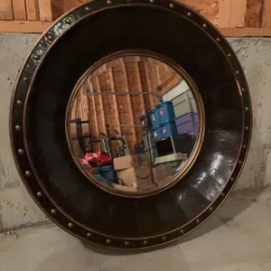 Large Round Wall Mirror with Faux Leather Studded Frame, 33 Inches