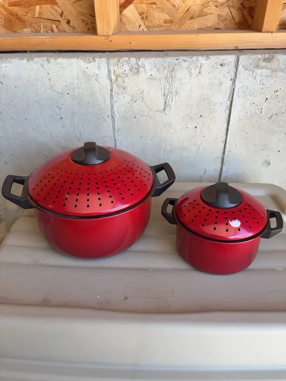 Two Red Enamel Stock Pots with Locking Strainer Lids