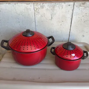 Two Red Enamel Stock Pots with Locking Strainer Lids
