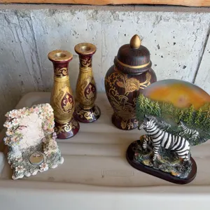 Decorative Mixed Decor Group: Candlesticks, Jar, Zebra Ornament, Tealight Holder