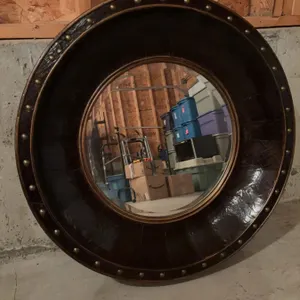 Large Round Leather and Brass Studded Wall Mirror, 36 Inches