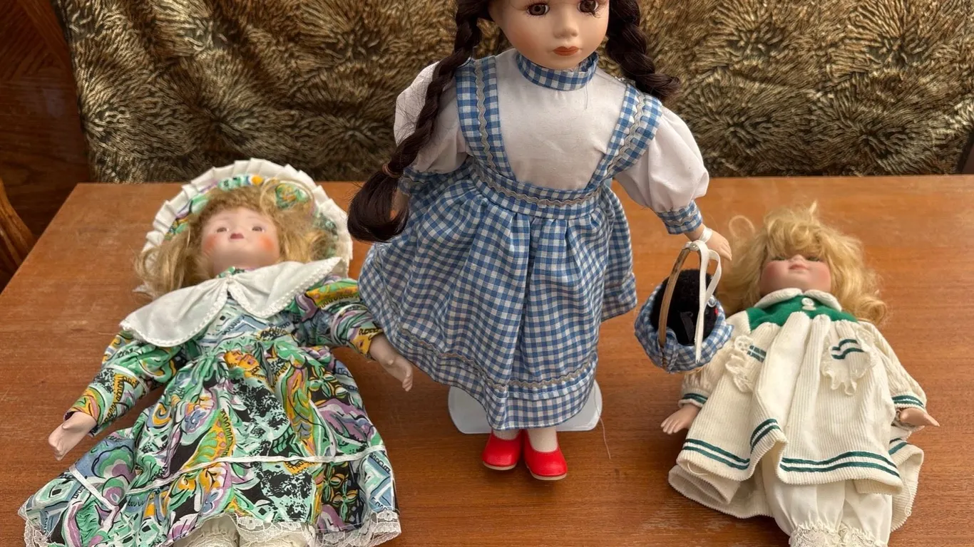3 Porcelain Dolls with Patterned, Corduroy and Dorothy Wizard of Oz
