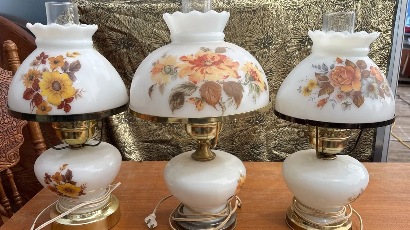 3 Milk Glass Floral Electric Hurricane Lamps