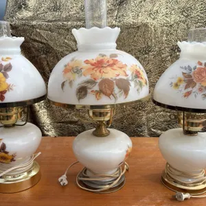 3 Milk Glass Floral Electric Hurricane Lamps