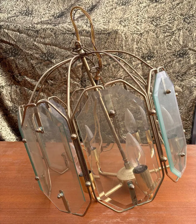 Brass and Glass Hanging Chandelier, 5-Light Fixture