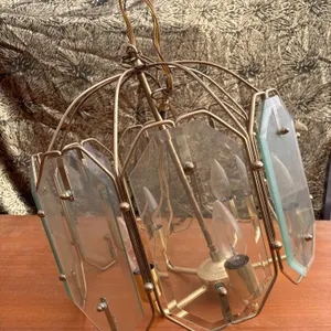 Brass and Glass Hanging Chandelier, 5-Light Fixture