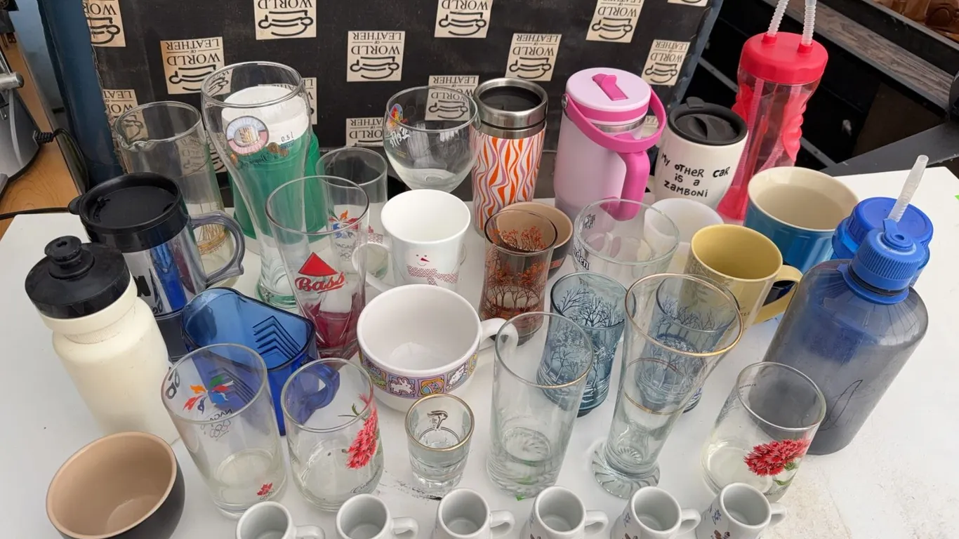 Drinkware Lot Featuring Glasses, Thermos, Mugs, Water Bottles