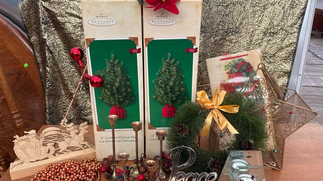 Christmas Decor Lot With Hallmark Trees, Candle Holders, Wreath, Star Basket