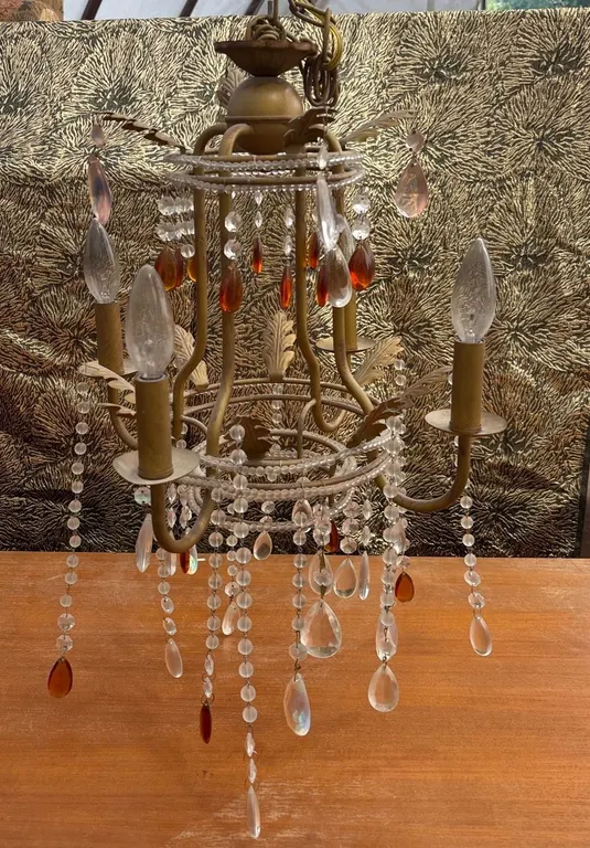 Hanging Brass-Coloured Chandelier With Crystal and Amber Drops
