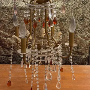 Hanging Brass-Coloured Chandelier With Crystal and Amber Drops