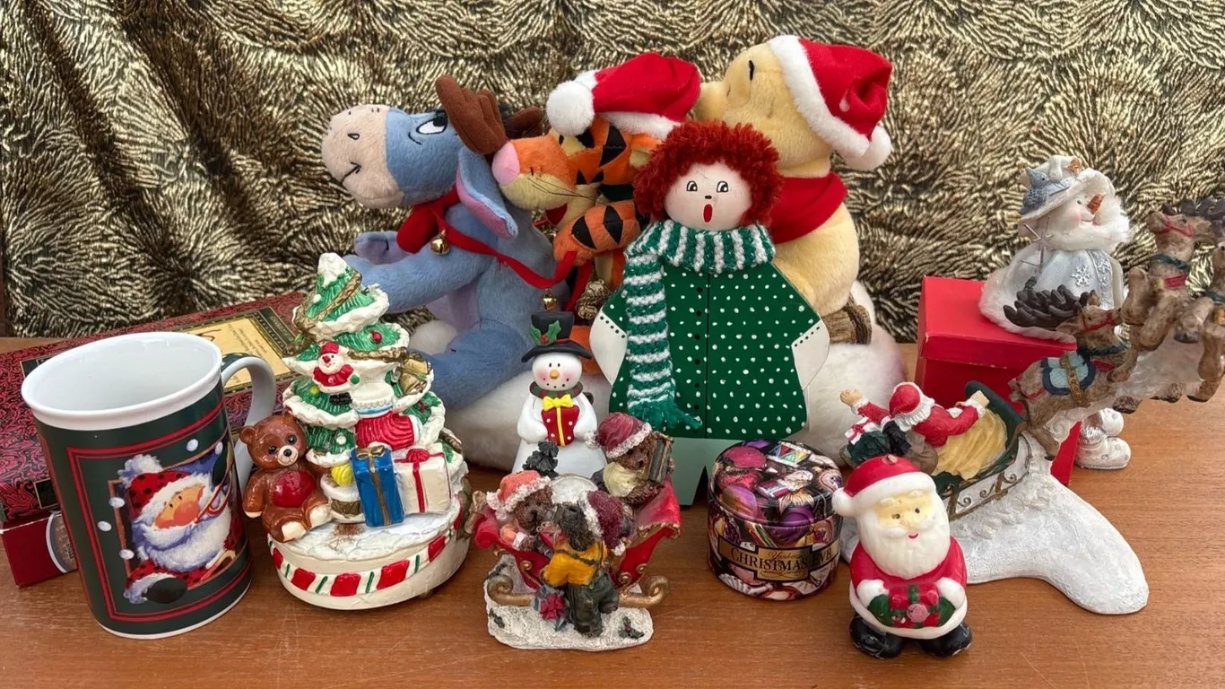 Christmas Decor Lot Featuring Winnie the Pooh Plush, Figurines, and more