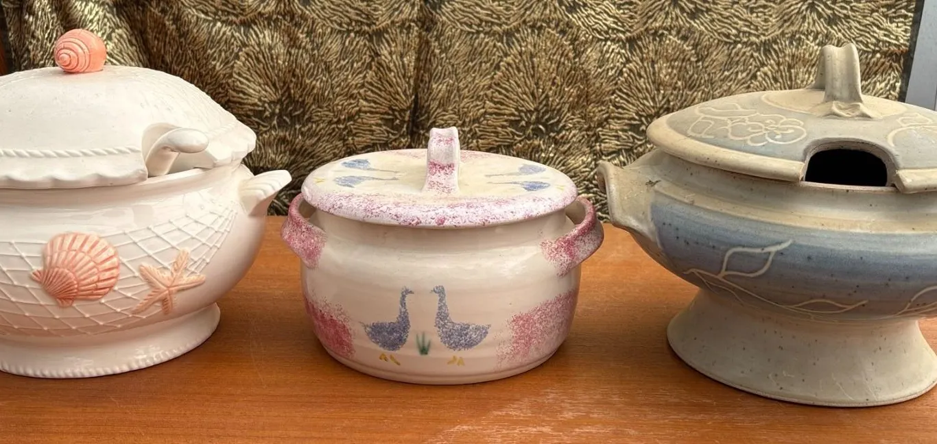 Three Ceramic Soup Tureens Including Sea Catch Japan with Ladle