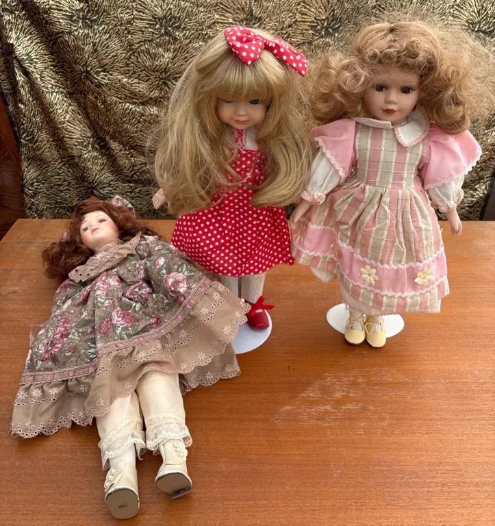 3 Porcelain Dolls in Floral, Plaid and Polka Dot Dresses