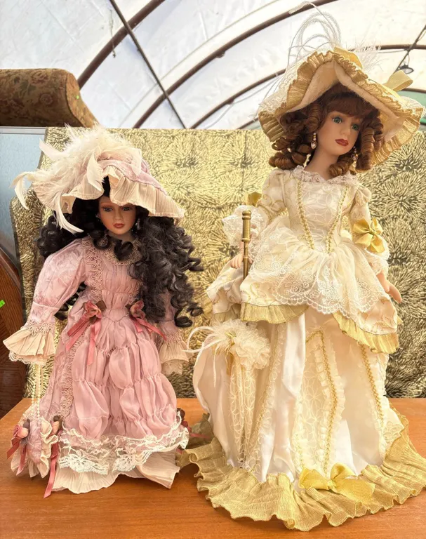 2 Porcelain Victorian-Style Dolls in Lace Dresses