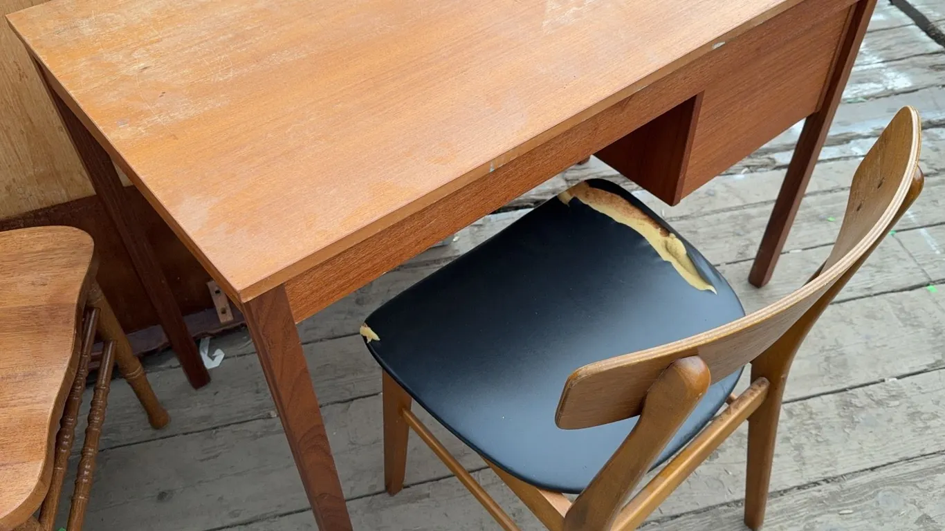 Wooden Desk with Two Drawers and Chair, 41" x 23" x 29" and Wooden Storage Footstool