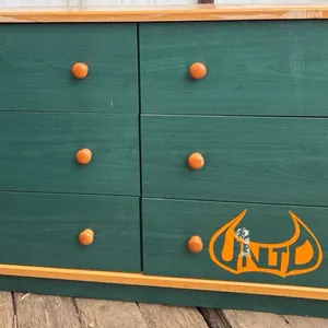 Green and Woodgrain Laminate 6-Drawer Dresser with Orange Knobs