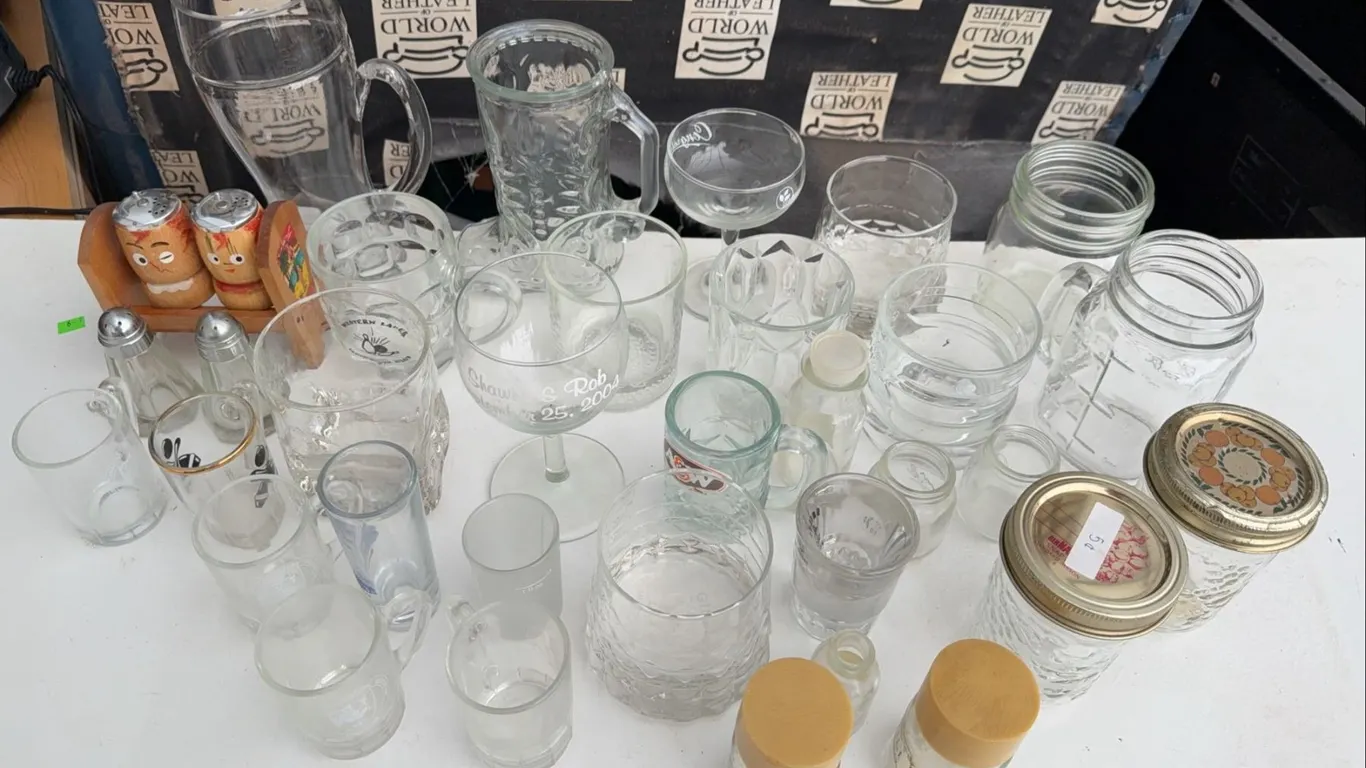 Glassware, Salt and Pepper Shakers, Miniature Mugs, and Decanter Lot