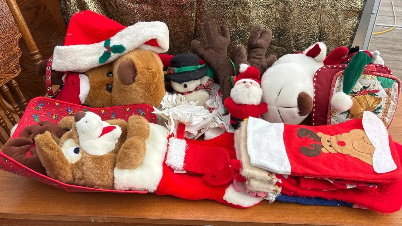 Large Assorted Christmas Decor Lot with Stockings, Plush Figures, and Linens