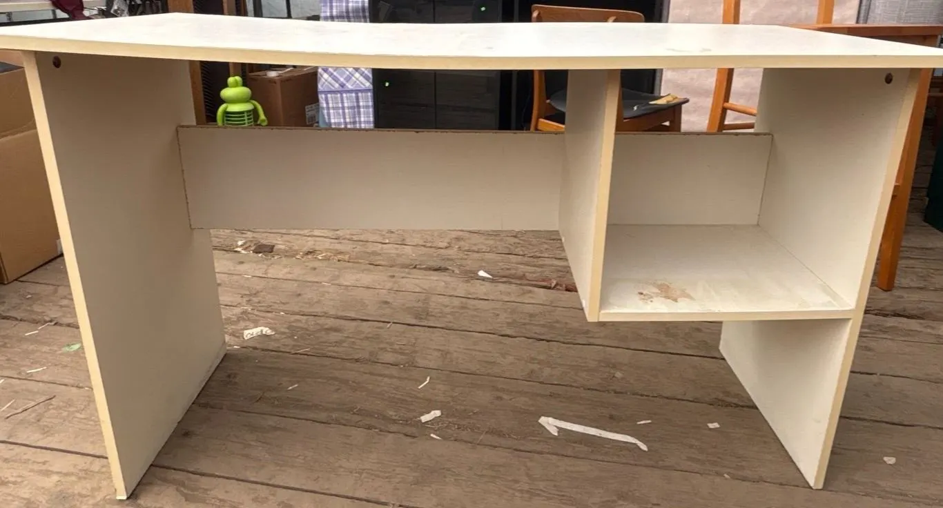 White Laminate Particleboard Desk with Central Shelf