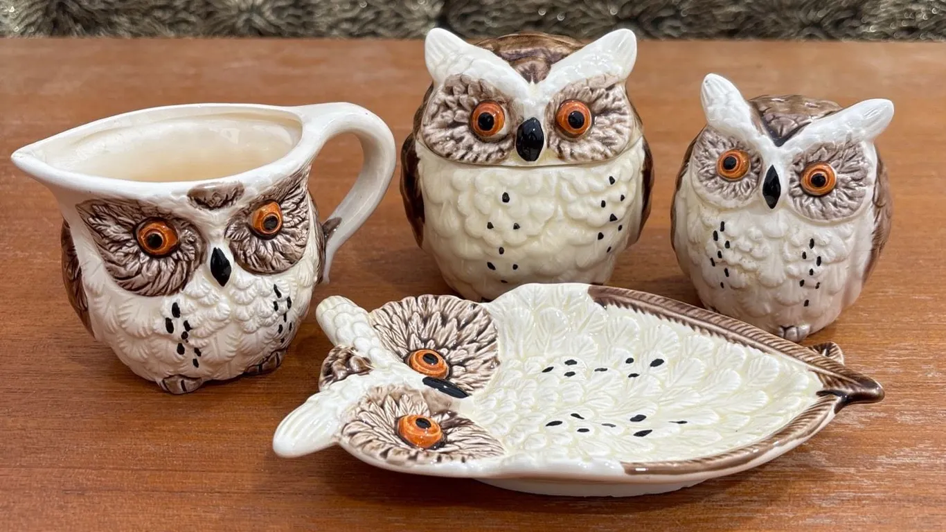 Enesco Japan Owl Ceramic Creamer, Sugar Bowl, Salt Shaker, and Tray Set