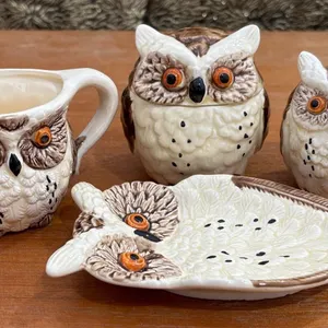 Enesco Japan Owl Ceramic Creamer, Sugar Bowl, Salt Shaker, and Tray Set