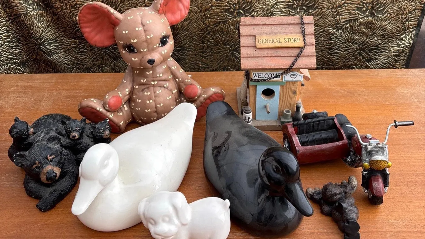 Figurine Lot: Ceramic Ducks, Puppy, Mouse, Bear Family, Mini General Store and Motorcycle