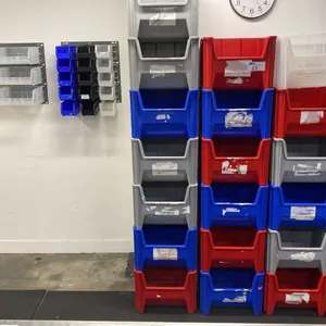 APPROX 22 ULINE STACKABLE STORAGE BINS, 2 SMALL WALL MOUNT ADJUSTABLE STORAGE BIN SHELVING UNITS &