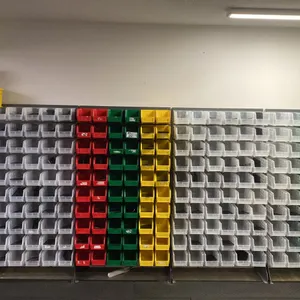 4 SECTIONS OF GREY METAL ADJUSTABLE STORAGE BIN SHELVING WITH ASSORTED ULINE BINS- EACH SECTION