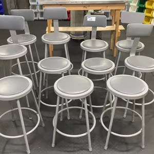 GROUP OF ASSORTED HEIGHT GREY METAL PADDED STOOLS APPROX 11, 6 WITH BACK RESTS