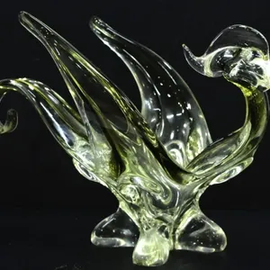 OLIVE GREEN HANDBLOWN ART GLASS ROOSTER BOWL