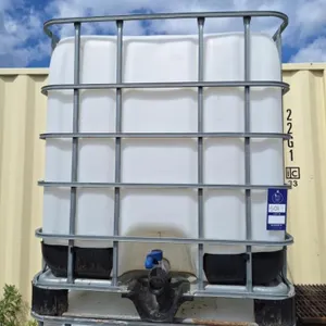 1000 liter tank with metal cage. 37 1/2" l 46" w